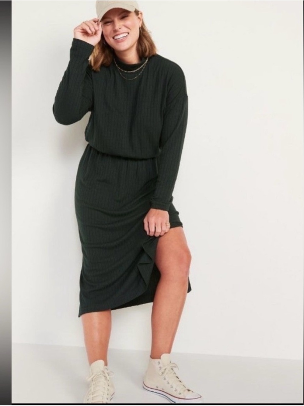 Old Navy Dark Green Rib-Knit Midi Dress with Side Slit